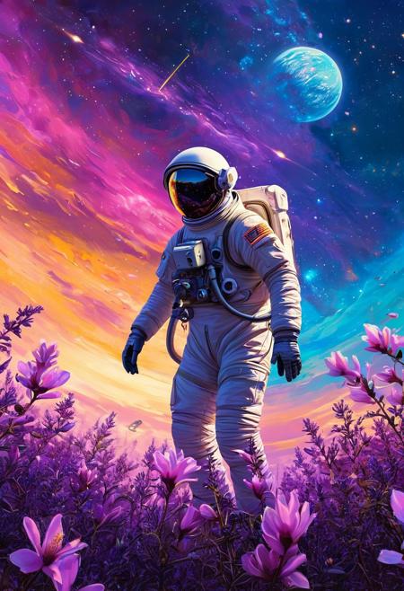 DB4RZ style painting, passengers gazing in awe, vast sky with swirling galaxies, cosmic colors (purples, blues, pinks), dramatic lighting, mystical atmosphere　Iridescence-suffused magnolia blossoms, dynamically rendered, impasto technique. Cerulean backdrop. Emphasize coruscating petals, luminous black, lavenders. Dynamic three-quarter shot. Focus: interplay of light and texture. Granular details: visible brushstrokes, subtle color gradations within petals. Intensify luminosity, add depth to background with diaphanous clouds. No discernable camera details beyond perspective.A cinematic shot of an astronaut in a vibrant white spacesuit standing in the foreground, with a massive, intricate space station or spacecraft as the backdrop. The space station is adorned with numerous lights, windows, and technical details. The astronaut's suit is equipped with various gadgets and patches. The atmosphere is filled with floating debris and a hazy orange hue, suggesting either a celestial event or a post-apocalyptic setting.