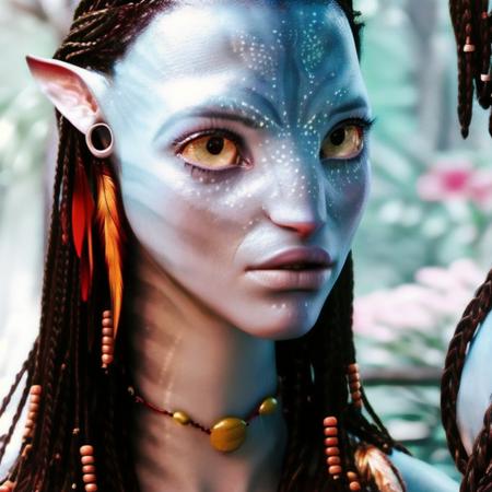 Portrait of a ((stunning))  woman  <lora:neytiri1-10:1> (looking to the right1.1), high quality, 4K, photorealistic, realistic skin texture, gorgeous