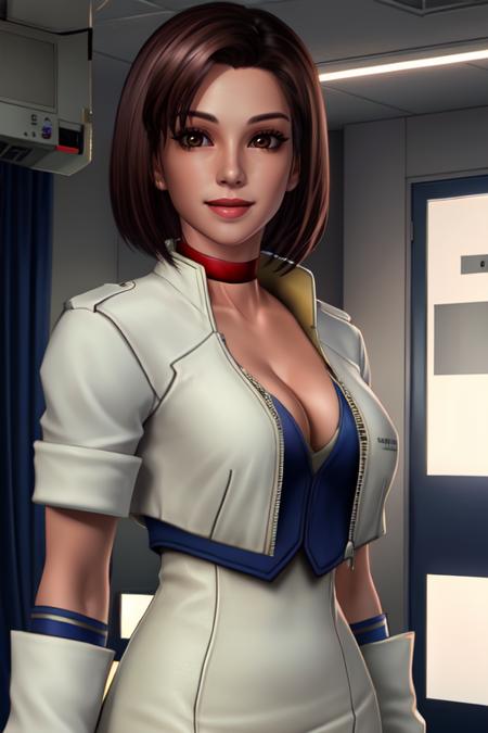 Alice.brown hair,short hair,brown eyes,cleavage,
choker,white, cropped jacket,jacket,gloves,skirt,
standing, upperbody, smile, 
hospital room. 
 (insanely detailed, beautiful detailed face, masterpiece, best quality) 
 <lora:Alice:0.7>