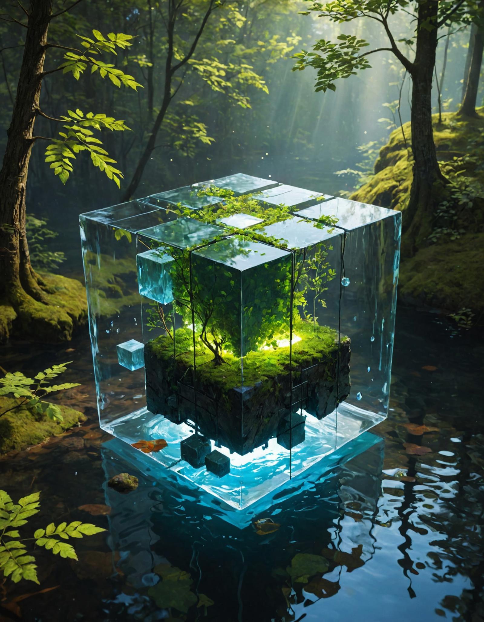 An Artistic Glass Cube with Plants and Water Inside.