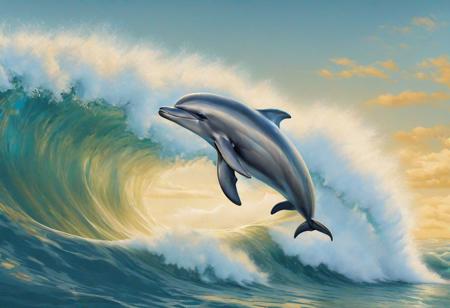 dolphin on the crest of a foamy wave, 
ultra-realistic digital painting, 
golden ratio. All details are clearly drawn, 
wave, 
dolphin, 
eyes, 
foam