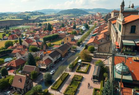 distant bird's eye view of a city, rolling hills, narrow brick streets, ancient roman town,  small lakes in town, tree lined streets, narrow canals along streets, houses next to the street, large backyards, orchards in backyards, hedgerows divide properties, upto 4 story tall buildings, hyperrealism, beautiful, colorful, central city plaza,   busy farmer's market in plaza, town surrounded by farms, intricate, masterpiece, in style of jean-claude golvin, street busy with people shopping, small futuristic cargo vehicles, stone viaduct with train tracks on top, elevated train station with modern glass roof, 1920s steam train, people walking, people on bikes,