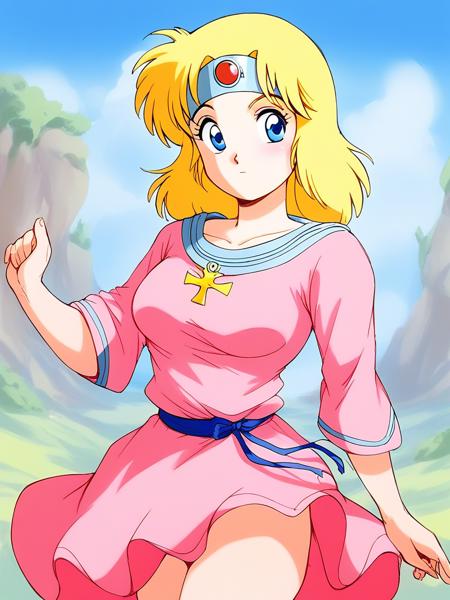 Sister_Ultima_Exodus, blonde hair, 1990s (style), blue eyes, medium hair, headband, circlet, breasts, pink dress, pink skirt, blue line,