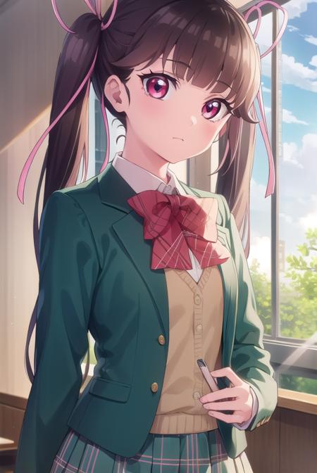 haruarisugawa, <lora:haru arisugawa s1-lora-nochekaiser:1>,
haru arisugawa, long hair, brown hair, ribbon, twintails, hair ribbon, (pink eyes:1.3),
BREAK bow, school uniform, jacket, green jacket,
BREAK indoors, classroom,
BREAK looking at viewer, (cowboy shot:1.5),
BREAK <lyco:GoodHands-beta2:1>, (masterpiece:1.2), best quality, high resolution, unity 8k wallpaper, (illustration:0.8), (beautiful detailed eyes:1.6), extremely detailed face, perfect lighting, extremely detailed CG, (perfect hands, perfect anatomy),