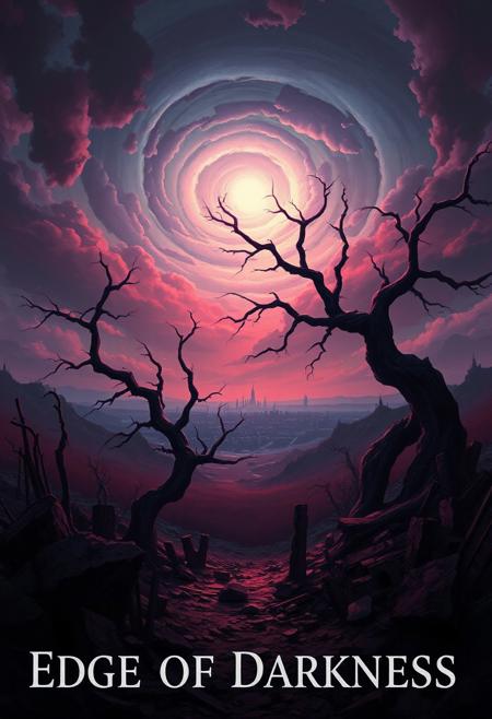 Surreal, fantasy-style digital painting depicting a desolate landscape under a dramatic sky. The layout features a central focus on twisted, barren trees with gnarled branches reaching towards a luminous, swirling cloud formation that dominates the upper portion of the image. The color palette is dominated by dark reds, purples, and blues, creating a moody and otherworldly atmosphere. The foreground is littered with crumbling ruins and jagged rocks, leading the eye towards a distant, shadowy cityscape on the horizon. The overall composition conveys a sense of eerie beauty and desolation, with intricate details in the textures of the trees and the ominous sky. Across the bottom is the text "Edge of Darkness"