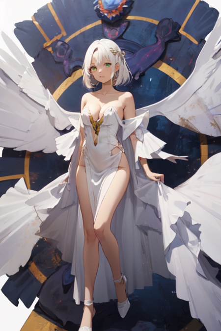 YunaFloralFallal, 1girl, white hair, solo, white dress, cleavage, bare shoulders, green eyes, wings