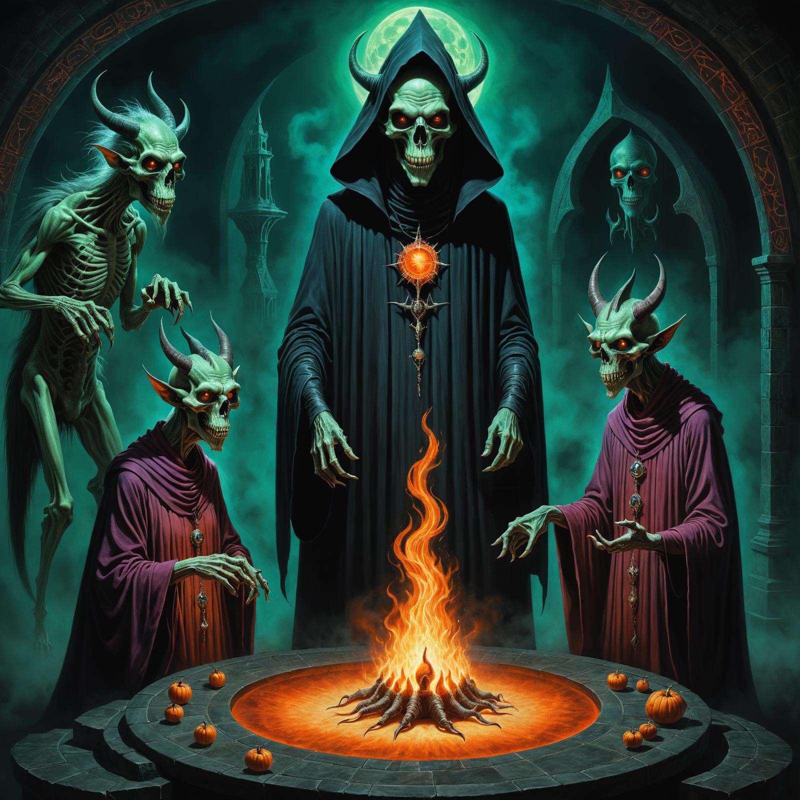 A demonic scene with a man and two skeletons around a fire pit.