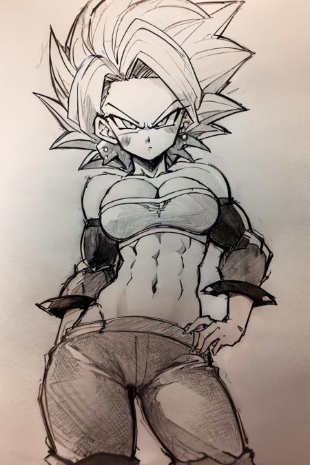 <lora:Pencil_Sketch_Dim64_SD-05:1>,(Pencil_Sketch, messy lines, greyscale, traditional media, sketch),
1girl, solo, navel, medium breasts, closed mouth, standing, midriff, pants, crop top, strapless, spiked hair, bandeau, tube top, caulifla, saiyan