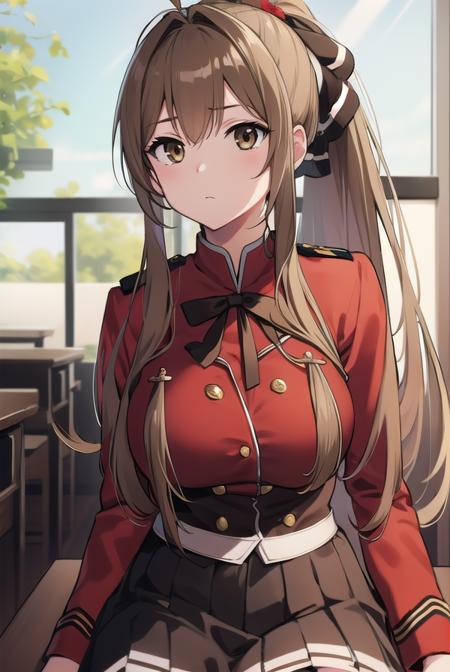 isuzusento, <lora:isuzusentotest:1>, 
isuzu sento, ahoge, (brown eyes:1.7), light brown hair, long hair, ponytail, hair ribbon, ribbon, (medium breast:1.2),
BREAK aiguillette, ankle boots, black ribbon, black skirt, boots, brown footwear, cross-laced footwear, frilled skirt, frills, jacket, lace-up boots, military, military uniform, pleated skirt, (red jacket:1.5), skirt, thighhighs, uniform, white thighhighs, white ribbon, buttons, sleeveless,
BREAK looking at viewer,
BREAK indoors, classroom,
BREAK <lora:GoodHands-vanilla:1>, (masterpiece:1.2), best quality, high resolution, unity 8k wallpaper, (illustration:0.8), (beautiful detailed eyes:1.6), extremely detailed face, perfect lighting, extremely detailed CG, (perfect hands, perfect anatomy),