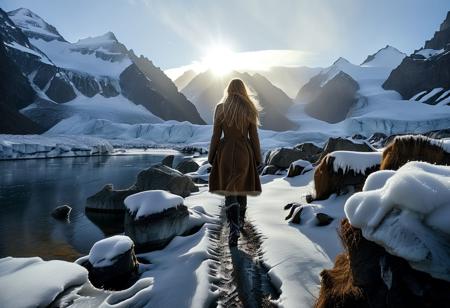 1 girl, a lone woman crosses a hostile snow-covered landscape, wearing warm furs and boots, expressive gray eyes, long blonde hair, rugged landscape, snow, glaciers, mountains, low sun, ambient light, atmospheric.