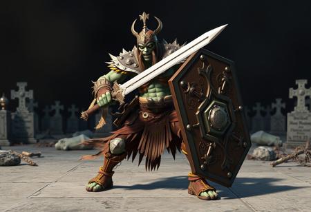 Protagonist Zombie Warrior from Thundarr the Barbarian, standing in a dynamic pose, wielding sword & shield, in hyper-detailed brown and gold attire, hyper-detailed face and eyes. on a gray surface, against a contrasting Cemetary Bomb backdrop. High-res 4K, Octane Render, Unreal Engine 5, CGSociety, trending on Artstation. Cinematic lighting, impeccable composition, creative angle, Golden Ratio, splash ink illustration, matte painting, vivid colors.