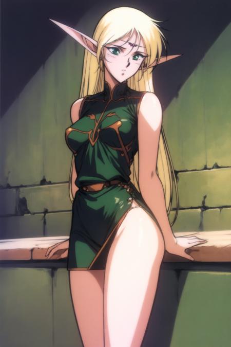 retro artstyle, 1990s \(style\), masterpiece, best quality, deedlit, 1girl, female elf, pointy ears, blonde hair, very long hair, green eyes, medium breasts, sleeveless, green dress, short dress, highly detailed, <lora:DeedlitLoRA2-10:0.9>