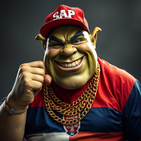 My dude fat RAP MC Shrek in gold chains with dangerous smile and gold tooth  staing in rap pose, my dude have RAP cap with SAP logo on it and he were in cool shirt with Serbian Red Blue White flage