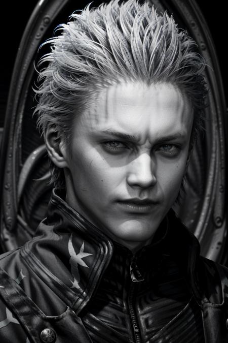 (masterpiece, best quality) <lora:epi_noiseoffset2:1>  <lora:add_detail:0.7> <lora:VergilDMC:0.9>
VergilDMC, 1boy, solo, blue eyes, 1boy, monochrome, greyscale, male focus, portrait, zipper, realistic, manly