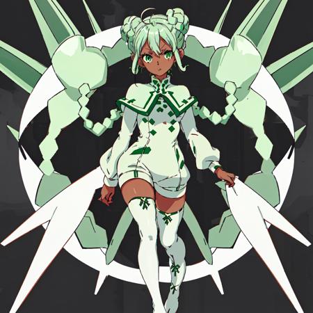 Gundam_Reconguista_in_G, short hair,1girl, solo,blue eyes, long sleeves,boots, green hair, white thighhighs, dark-skinned female, zettai ryouiki, double bun, buttons, thigh boots, short dress, white footwear, hair rings, white capelet, short jumpsuit