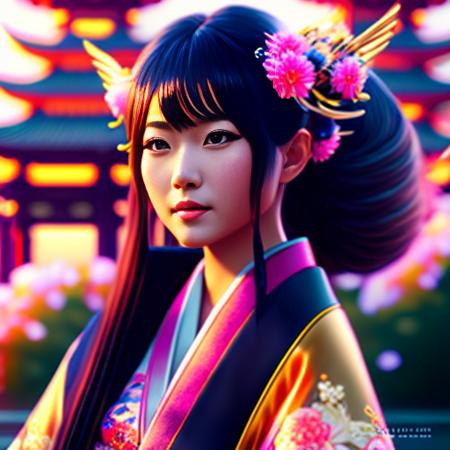 A beautiful japanese girl with hair hair ornament,  wearing a kimono with large breast, estiloventidois.