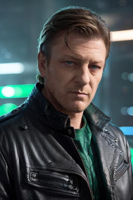 a man, <lora:s34nb3an:1>, (short hair), (villainous man in leather jacket), green lighting, tech city, midnight in the city, bokeh, upper body, cinematic lighting, RAW, 8K, UHD, highly detailed face, (candid:1.2, amateur:1.1)