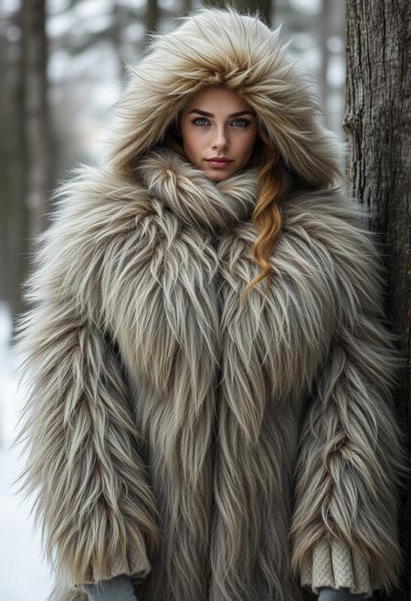 full-length view of a beautiful Scandinavian woman growing thick furry fuzzy fluffy fur all over her body and face
