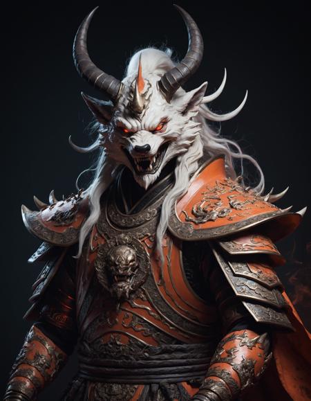 long_fingernails, pale_skin, traditional_robes, sharp_teeth, glowing_eyes, white_hair, ethereal_body, ghostly_whisps, dark_aura, levitation, sinister_smile, horns, qing_dynasty_garments, terracotta_armor (for warrior spirits), fox_features (for huli jing), snake-like_attributes (for nü gui), spectral_presence, shadowy_form, malevolent_grin, red_eyes