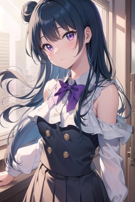 yoshikotsushima, <lora:yoshikotsushima-lora-nochekaiser:1>, 
yoshiko tsushima, blue hair, hair bun, (purple eyes:1.1), single side bun, bangs, long hair, (small breast:1.2),
BREAK bow, bowtie, buttons, grey skirt, long sleeves, pleated skirt, school uniform, serafuku, skirt, uranohoshi school uniform, yellow bow, yellow bowtie, sleeveless,
BREAK looking at viewer, 
BREAK indoors, classroom,
BREAK <lyco:GoodHands-beta2:1>, (masterpiece:1.2), best quality, high resolution, unity 8k wallpaper, (illustration:0.8), (beautiful detailed eyes:1.6), extremely detailed face, perfect lighting, extremely detailed CG, (perfect hands, perfect anatomy),