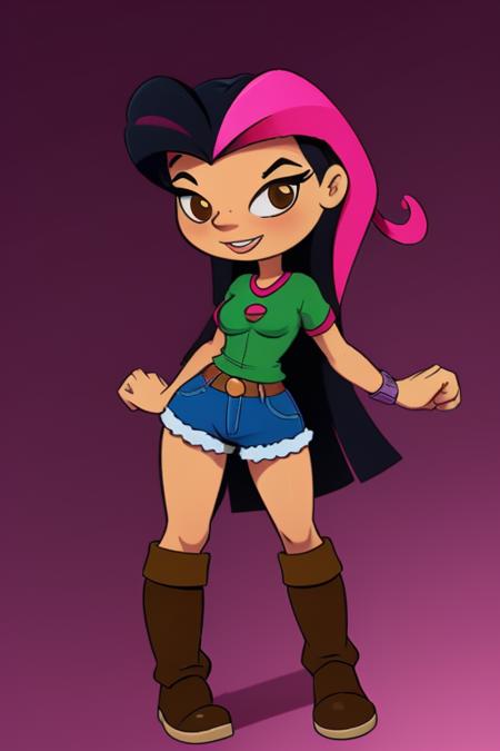 1 cartoon girl with pink lips, aisan american, black long hair, long hair with a pink stripe, tiny breasts, small breasts, petite breasts, flat chest, pink hair stripe, brown eyes, looking at left, closed mouth, happy expression, master piece, great anatomy, perfect eyes, green shirt, blue jeans, black boots,