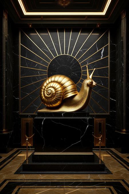 A majestic Art Deco interior featuring a monumental marble sculpture of a snail on a black marble pedestal. The snail is intricately detailed with sharp, clean golden lines forming a dense geometric grid on its body and bold concentric arcs on the shell. The background wall features a dramatic sunburst pattern in gold over dark blue marble, evoking the grandeur of a 1930s train station lobby. The atmosphere radiates opulent futurism, blending natural elegance with mechanical symbolism. Strong contrast between cold grayish marble and luminous gilded accents, perfect symmetry and theatrical lighting, The background is cool-toned gray marble, with radiant sunburst lines behind the figure. Every surface shimmers with polished metal and black stone, exuding futuristic optimism as envisioned in the opulent age of the Roaring 20s. The darkest blacks contrast with the most brilliant gold, surrounded by geometric architecture, mechanical motifs, and heroic grandeur. Elegant lighting enhances the drama. Inspired by heroic propaganda murals and luxurious train stations.