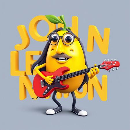 3D, A lemon with legs and arms playing a guitar. The lemon has a long nose, round glasses, a mustache, and long hair. The letters spell out "John Lemmon."