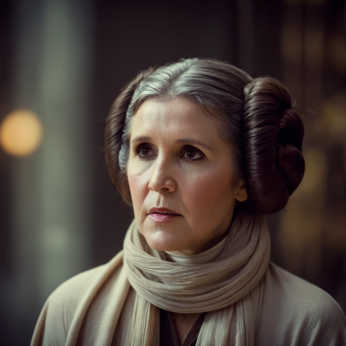 cinematic film still of  <lora:Leia Organa:1.2>
Leia Organa a grey hair milf woman with a scarf on her head in star wars u...