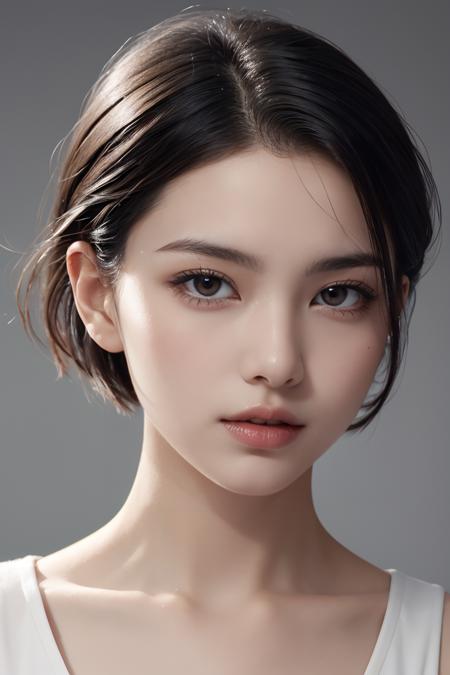 natural skin,(close-up:1.0) photo of as (young:1.0) woman, (oiled skin:1.0), (tilted angle shot:1.0), (slick undercut hair:1.2), (8k uhd:1.0), (best quality:1.0), (masterpiece:1.0), (sharp focus:1.0), (basic grey backdrop:1.0), <lora:GoodHands-beta2:1>