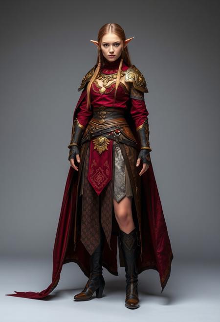 full shot, standing pose, female elf warrior, fashion costume, side opened skirt, extremely long cape, sexy leather armour, oriental fabrics, red and brown, golden ornaments, golden jewelry, golden embroidery,  neutral grey background
