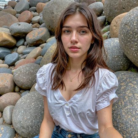 score_9, score_8_up, score_7_up, instagram photo of 21yo girl, very very beautiful face, detailed face, puffy lips, perfect lips, perfect nose, slight makeup, clear water, beach, black hair bangs, detailed blue eyes, wearing short red shirt, short dark jeans, pale skin, medium breast, sunny, day, shadows, beautiful background, higly detailed, 4k, ultrahd