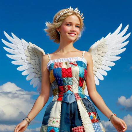 ptchkrawk, a patchwork fabric woman, blonde hair, white wings, barefoot, solo, angel, jewelry, white dress, anklet, angel, wings, short hair, full body, bare shoulders, looking at viewer, clouds background, feathered wings, toes, blue eyes, feet, bracelet, braid, smile, gem,sleeveless, armlet, crown, closed mouth, realistic, photorealistic, lips, pants, flying, bracer, floating, toe ring, necklace, clouds