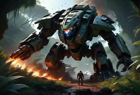 score_9, score_8_up, score_7_up, score_6_up, Cinematic fantasy style, sharp, (high quality, 4k, 8k, high definition, masterpiece: 1.2), illustrated movie poster, hand drawn, full color, beautiful ultra detailed book cover illustration of a ((Jungle)) mech damaged in battle - cockpit glass cracked, arm torn off and lying in the grass, mech engulfed in flames, background - jungle, battle, starships flying in the sky, future, sci-fi, jungle fight scene, 4k, hyper detail, fantasy style, hyper realistic, spectacular style, cinematic style, no background fantasy style, hyper detail, professional art, bartosz tchorzewski fantasy style, high detail, hyper detail, 4k, realistic style, face painting style fantasy style, 4k, painterly style, hyper detail, dark room, hdr, intricate, elegant, highly detailed, sharp focus, ((((cinematic look))), soothing tones, crazy details, intricate details, hyper detailed, low contrast, soft cinematic light, dull colors, exposure blending, hdr, blurred