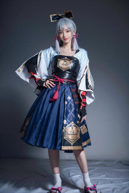 best quality, masterpiece, photorealistic, 1girl, solo, standing, full body, looking at viewer, smile, closed mouth, bangs, kamisato cosplay costume, cosplay, light blue hair, long hair, ponytail, hair ornament, ribbon, hair ribbon, japanese clothes, armored dress, japanese armor, arm guards, fingerless gloves, tabi, tress ribbon, sandals, tassel, simple background, <lora:genshin_Kamisato_cosplay_v1:0.7>