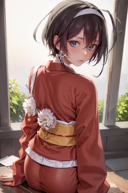 (masterpiece, best quality:1.2), <lora:bsd_kyouka-10:0.8>, from behind, solo, 1girl, izumi kyouka, expressionless, looking back, hair flower, hair ornament, japanese clothes, red kimono