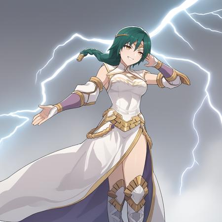 Thorr_FEH green hair, yellow eyes, braided ponytail, hair ornament,white footwear, detached sleeves, battle axe, high heel boots,knee boots, white dress, side slit,circlet