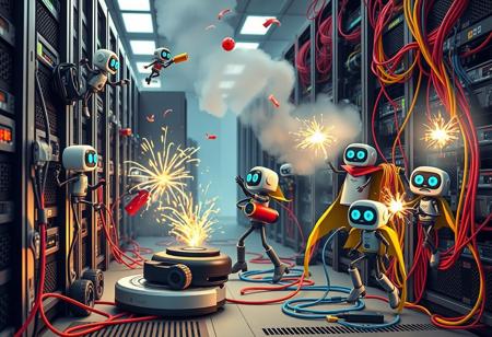 Create a whimsical and humorous scene of a data center in delightful chaos. Tiny, adorable robots, resembling toys with googly eyes, climb server racks carrying oversized tools and roll on wheels with parts and tangled cables trailing behind them like tails. One robot hilariously rides a Roomba while balancing a stack of hard drives. Sparks fly comically from overheated servers, causing a robot to dance around trying to extinguish the smoke with a tiny fire extinguisher. Other robots juggle cables and mistakenly plug them into wrong ports, creating a spaghetti-like mess. Amidst this bedlam, larger, more serious-looking robots with capes and comical mustaches oversee the smaller bots, waving their arms wildly to coordinate their whimsical efforts under the soft and colorful glow of blinking server lights and vibrant cables.