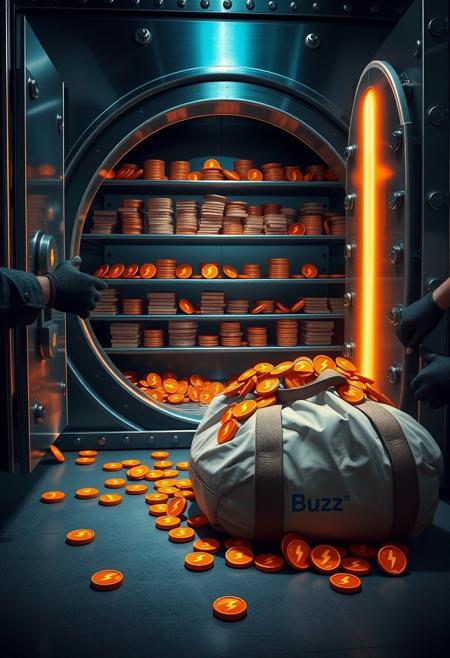 Imagine a bank vault in the midst of a heist. The vault is a large, heavy steel door, slightly ajar, revealing a well-lit interior. Inside, the usual stacks of cash and gold bars are conspicuously absent. Instead, the shelves are lined with small, neatly arranged coins, each shaped like a tiny, stylized orange lightning bolt. The coins are labeled as "Buzz."
Several of these "Buzz" coins are scattered across the floor, as if hastily dropped by the robbers in their rush. A large duffel bag, half-full of these coins, sits on the floor near the open vault door, with a few more coins spilling out. The robbers' gloved hands can be seen reaching into the vault, grabbing handfuls of the coins, their movements urgent.
The vault's interior is pristine, with metallic walls reflecting the glow of the coins, giving the scene a strange, electric atmosphere. The contrast between the cold, industrial setting of the vault and the vibrant orange of the "Buzz" coins creates a striking visual. The scene is tense, capturing the moment just before the robbers make their escape with their unusual loot.