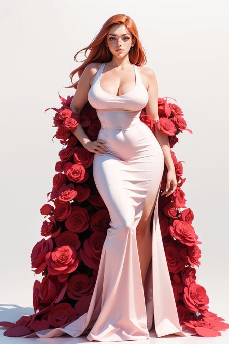 r0s3sh4wl, roses,pink dress,tight pink dress,long dress,<lora:r0s3sh4wl:0.75>  <lora:detail_slider_v4:1> <lora:Fr3ckles:0.8> Fr3ckles,  ginger hair, long hair,  grey eyes, freckles, 1girl, <lora:age_slider_v20:1> large breasts,  <lora:weight_slider_v2:0.8>  white background,