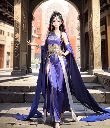 shiny skin best quality, masterpiece,  
1girl, solo, long hair, black hair, jewelry, standing, earing, bowhair
masterpiece, best quality,1girl , looking at viewer, full body,
ancient building background, china goddess, veil
 <lora:China_goddess-000008:0.5>