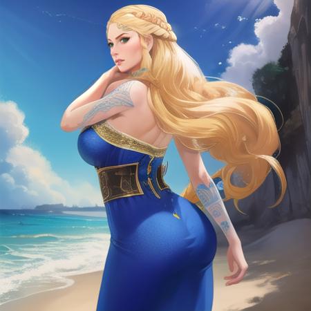 Masterpiece, highest Quality, Highest Resolution, prefect anime style, anime lighting, anime face, 1girl, long hair, large breasts, blonde hair, detailed background, bare shoulders, green eyes, braid, lips, tattoo,  arm tattoo, shoulder tattoo, blue dress, strapless, behind view, butt, looking back at viewer, glaring, at beach, sunny, focus on butt,