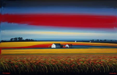 (style of Josh Adamski:1.15), a painting,scene painting,scenery, field ,farm ,clump , Tundra ,