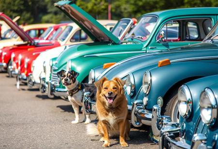 classic car show, lined up in a row, different breed of show dog in front of each car,