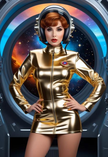 Gina Lollobrigida short hair wearing retro sci-fi skin-tight spacesuit diving helmet, high heel boots, sci-fi uniform minidress with pleated short skirt, steel, metal, leather, latex, standing in a spaceship, beautiful, detailed, etched,, Breathtaking celestial background with nebulas and stars visible through Multicolored fiery huess Beautiful Bomber-Girl Pinup Poster. cinematic, ethereal hyperdetailed, perfect hands, perfect eyes, fixed eye,  Golden Ratio Perfect Composition Intensely Deep Rich Colors Sparkling Iridescent Translucent Holographic Layered Sculptured Polished Reflective Surfaces,