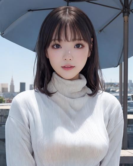 pureerosface_v1, best quality, photorealistic, 8k, high res, 1girl, woman, (skindentation), (portrait:0.6), ((cityscapebackground:2)) , ((smallsize round breast, highneck sweater:1.7)), straight-looking at viewer:1.8, (1girl eyes looking at viewer:1.45, medium-length hair, blackhair, partedbangs:1.45), photorealistic, (bokeh),   <lora:CBAV-kana:0.69>