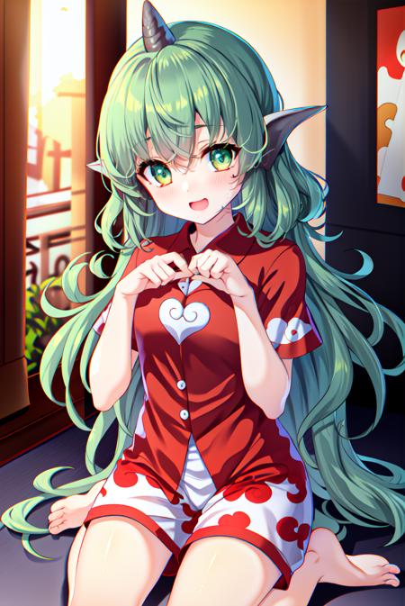 <lora:KomanoaunnTouhou_1.0ver:0.7>,KOMANO_AUNN,  
1girl,solo,masterpiece, best quality, high quality,delicate facial features,mishoujo,hyper_detail,game cg, finely detailed beautiful eyes and detailed face,lustrous skin,colorful
komano_aunn,green_hair,  long_hair,curly_hair, green_eyes, single_horn, 
collared_shirt, multicolored clothes, white_shorts,short_sleeves, buttons, red_shirt, cloud_print, geta, bangs,
(looking at viewer:1.2), (kneeling:1.3), (cowboy_shot:1.4),blush,smile,open mouth, paw_pose, 
(shrine:1.3), (blue sky:1.3),cloud,mountain,