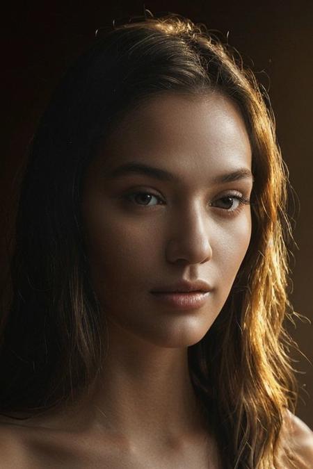 The subject possesses an oblong face shape with a flat forehead, a pointy nose, high cheekbones, and a square jawline. Their lips are full and expressive, while their nose adds character with its elegant shape. Their hair, styled in loose waves, frames their face softly, cascading over their shoulders. The subtle application of makeup enhances their features, adding a touch of refinement to their appearance. Their skin tone is radiant, with a natural glow that hints at vitality and health. Illuminated by colorful backlighting, their features are bathed in vibrant hues, casting a mesmerizing aura around them. Rembrandt lighting gently illuminates their face, creating a delicate interplay of light and shadow that accentuates their contours. The warm, golden tones of the backlighting contrast beautifully with the cooler hues, adding depth and dimension to the portrait. Overall, the combination of colorful backlighting and Rembrandt lighting creates a captivating visual composition, infusing the portrait with drama, allure, and depth.