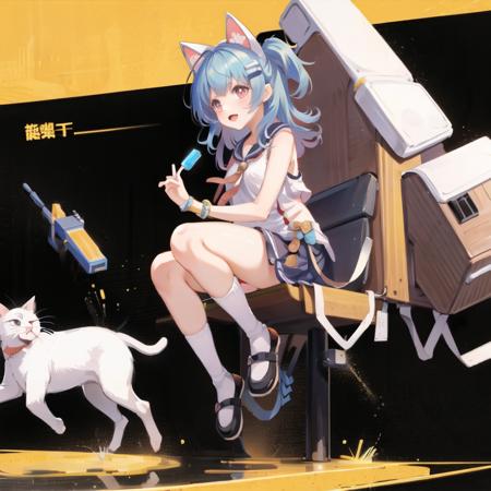 masterpiece, best quality, 1girl,(solo:1.3),standing,official art, simple background, close-up,looking at viewer, 
haruna,1girl,solo,orange eyes,short hair,ponytail,white cat ears,light blue hair,white legwear,school,cat,