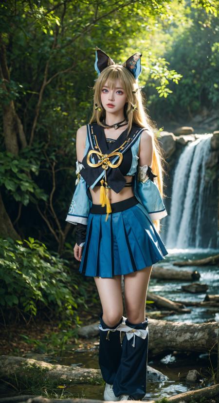 (Best Quality, Masterpiece:1.4), (Realism:1.2), (Realisitc:1.2), (Absurdres:1.2), (photorealistic:1.3), Realistic Skin,Solo,( Very Big Eyes,beautiful detailed eyes, symmetric eyes,), 1girl,solo,
full body, kirara cosplay costume, kirara, cosplay, blonde hair, long hair, hair ornament, sailor collar, crop top, detached sleeves, skirt, cat ears, cat tail, animal ears, leg warmers, fur-trimmed shoes, <lora:genshin_Kirara_cosplay_v1:0.7>, outdoors, tree, waterfall, arms behind back, 
<lora:add_detail:0.3>, standing,