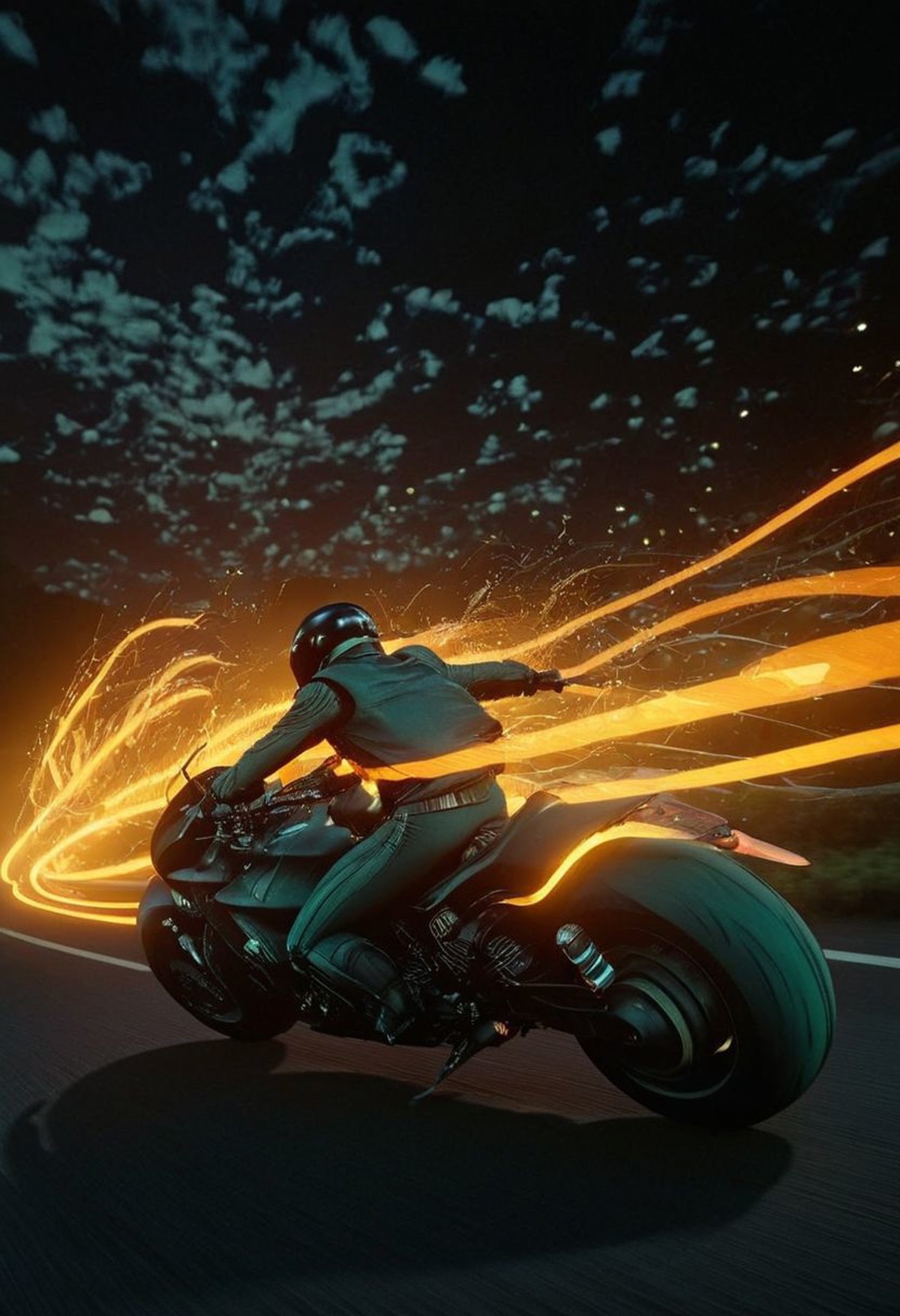 Rear View, Deep black Photorealistic bf-style, a dreamy vibrant fairy elfish motorbike resembling a Dragon in motion with ...